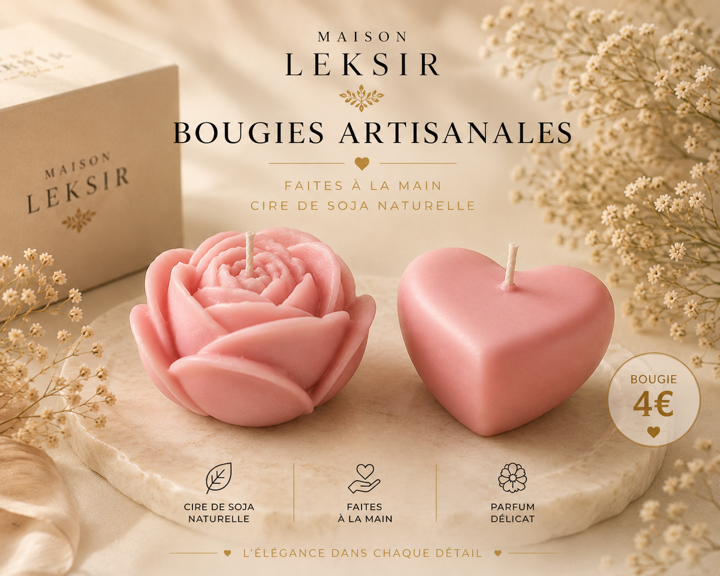 Bougie artisanale fleur ou cœur – Maison Leksir